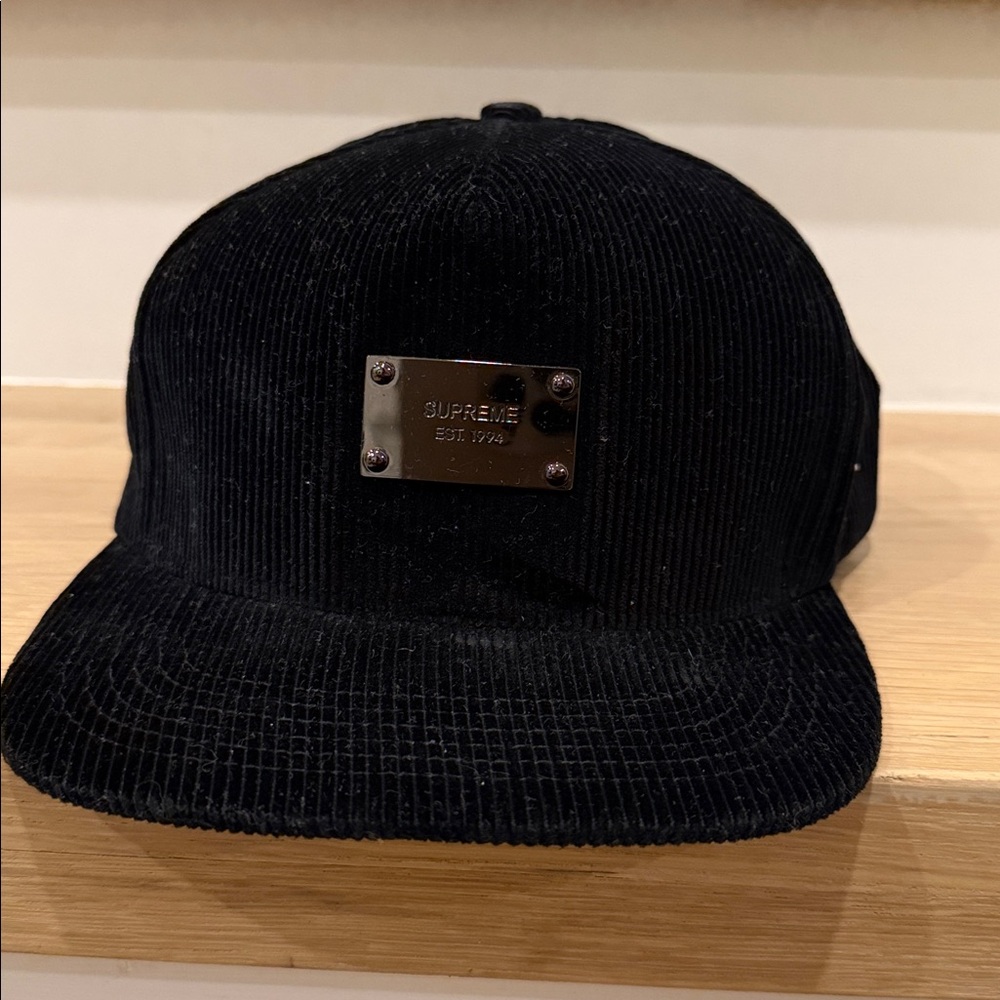 Supreme Black Corduroy Hat with Metal Logo